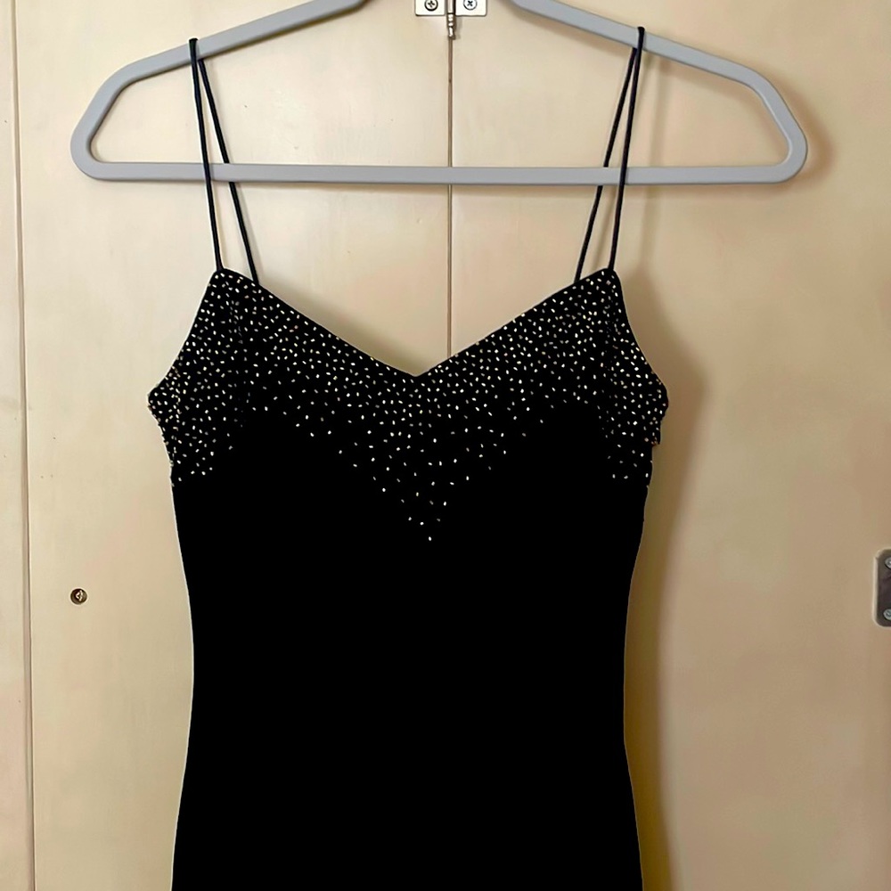 Black velvet cocktail prom dress evening gown tulle beading illusion maxi gold